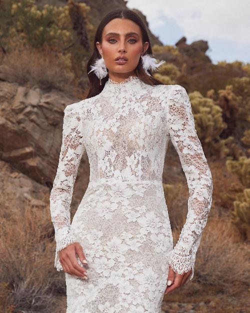 Lp2417 long sleeve high wedding dress with lace and mermaid silhouette1